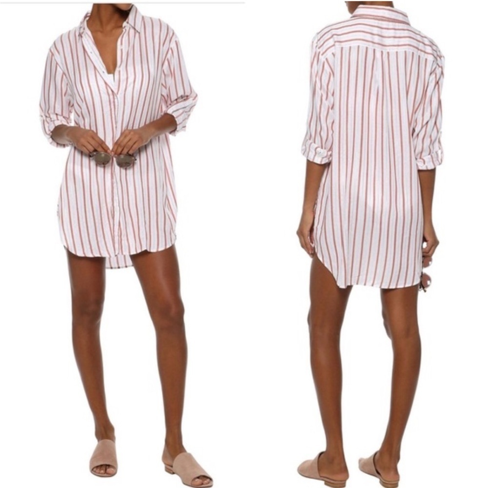 Onia Striped Button Down Swim Cover Up Small Shirt Dress Beach Resort White Red - Picture 2 of 13